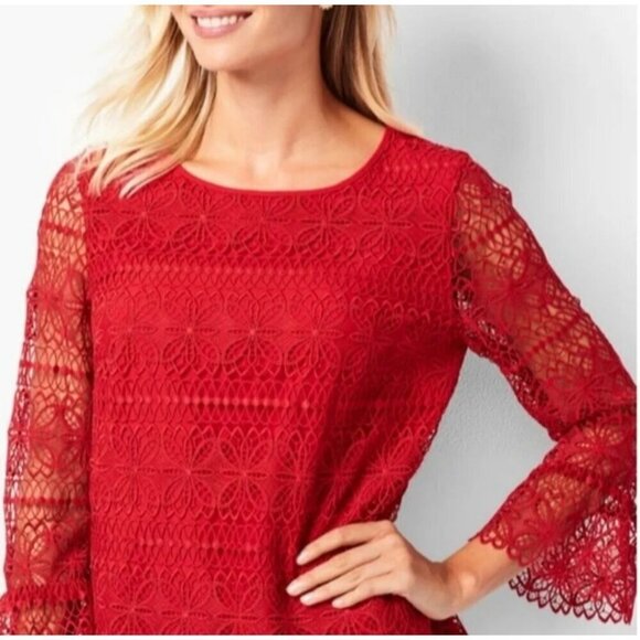 Talbots Red Floral Lace Sheer Bell Sleeve Top Size M - Picture 4 of 8